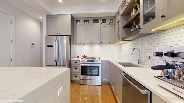 1350 N Claremont Ave Unit 2, Chicago, IL 60622 - kitchen featuring stainless steel appliances, a sink, gray cabinets, light wood finished floors, and recessed lighting