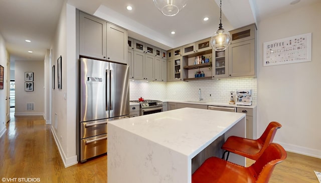 1350 N Claremont Ave Unit 2, Chicago, IL 60622 - kitchen featuring appliances with stainless steel finishes, a sink, gray cabinets, light wood-style floors, and recessed lighting