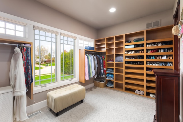 walk in closet featuring carpet and visible vents