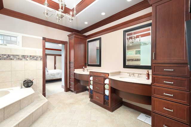 bathroom featuring crown molding, a notable chandelier, ensuite bath, two vanities, and a garden tub