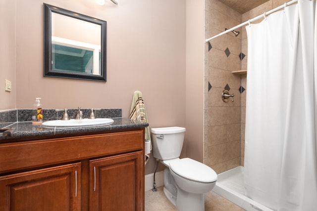 full bathroom with vanity, toilet, tile patterned floors, and a stall shower