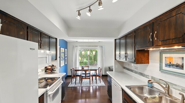 kitchen featuring dark brown cabinetry, a sink, white appliances, light countertops, and backsplash