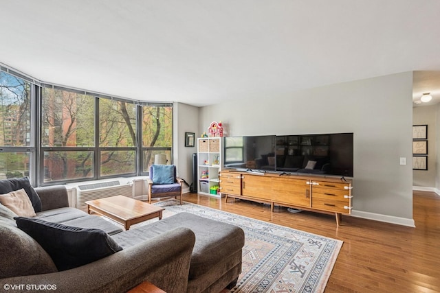 901 S Plymouth Ct Unit 104, Chicago, IL 60605 - living area with an AC wall unit, wood finished floors, and baseboards