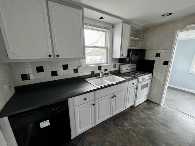 kitchen with dark countertops, open shelves, a sink, white cabinetry, and black appliances