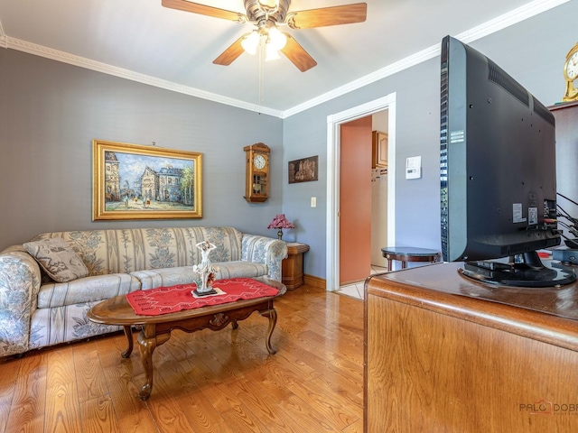 living room with a ceiling fan, light wood-style flooring, and ornamental molding