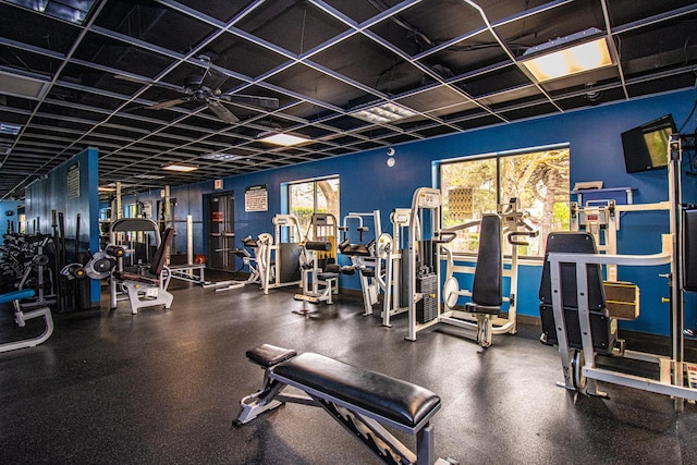 exercise room with ceiling fan