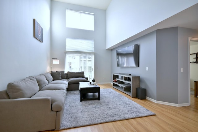 living area with baseboards, wood finished floors, and a towering ceiling