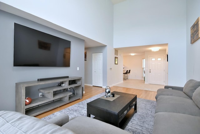 living area featuring baseboards, wood finished floors, and a towering ceiling