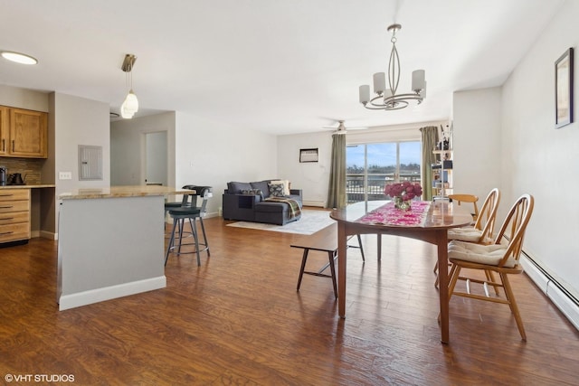 4250 Saratoga Ave Unit 301, Downers Grove, IL 60515 - dining room with ceiling fan with notable chandelier, baseboards, a baseboard heating unit, and dark wood-style floors