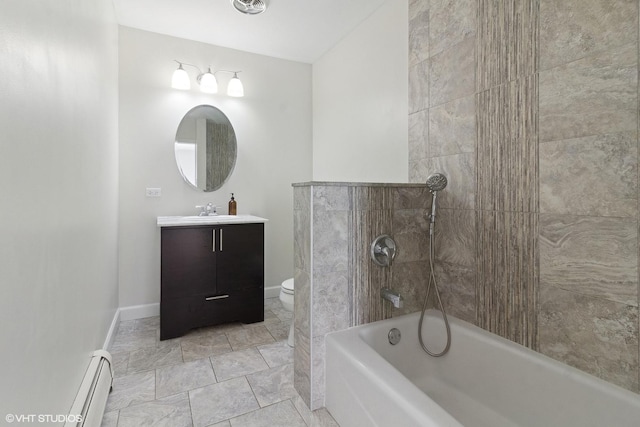 4250 Saratoga Ave Unit 301, Downers Grove, IL 60515 - bathroom featuring baseboard heating, vanity, shower / bathtub combination, toilet, and baseboards