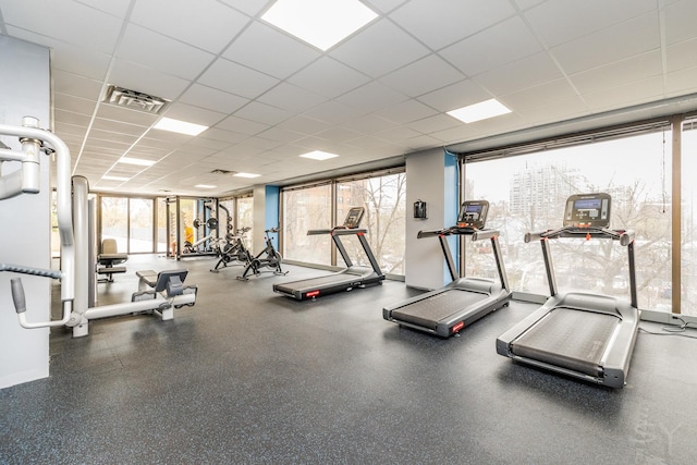 exercise room featuring a paneled ceiling, expansive windows, and visible vents