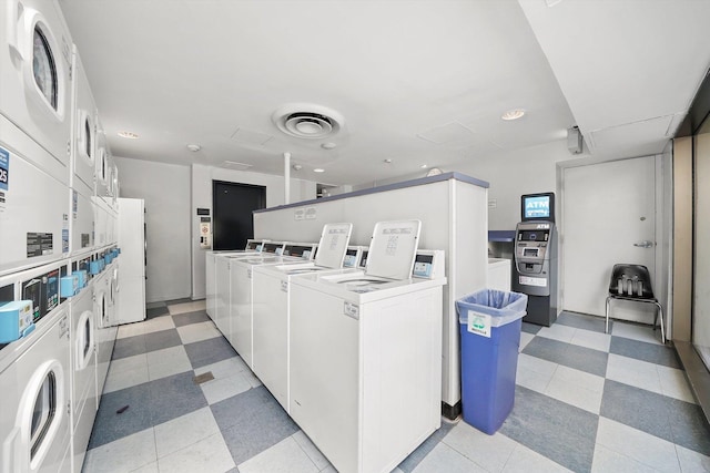 common laundry area featuring visible vents, stacked washer / dryer, light floors, recessed lighting, and separate washer and dryer