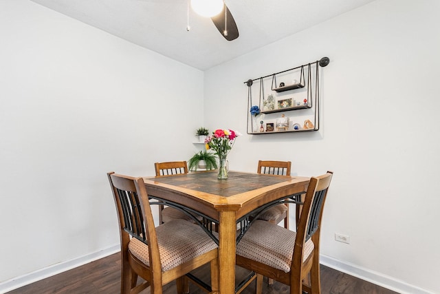 dining space with dark wood-style flooring, a ceiling fan, and baseboards
