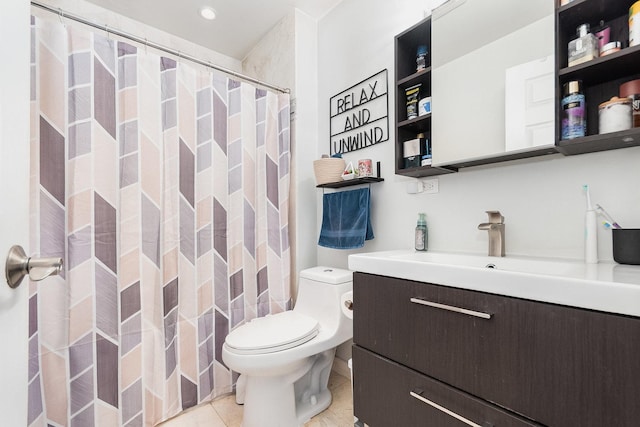 bathroom featuring vanity, tile patterned floors, curtained shower, and toilet