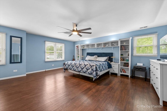 8015 S Carrolton Ct, Hanover Park, IL 60133 - bedroom featuring baseboards, ceiling fan, dark wood finished floors, and visible vents