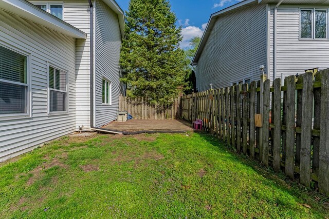 view of yard featuring a fenced backyard and a wooden deck