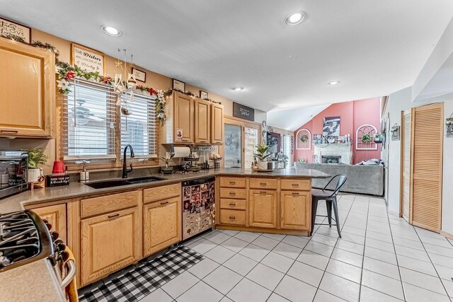 kitchen with a sink, stainless steel gas stove, a peninsula, open floor plan, and dishwashing machine