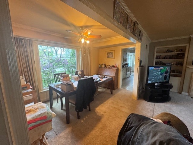 dining room featuring crown molding, a ceiling fan, and carpet floors