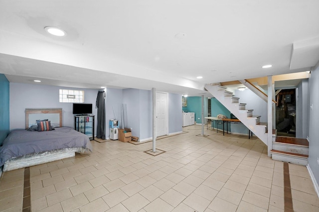 interior space with baseboards, recessed lighting, light tile patterned floors, and stairway