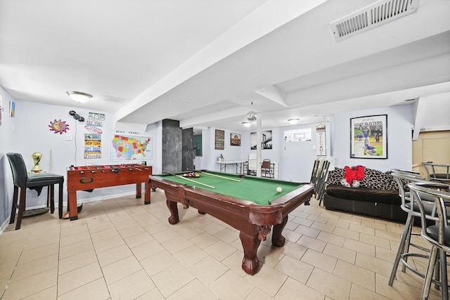 recreation room with light tile patterned floors, billiards, and visible vents