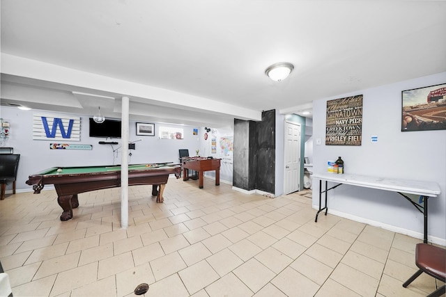 game room with baseboards, billiards, and light tile patterned floors