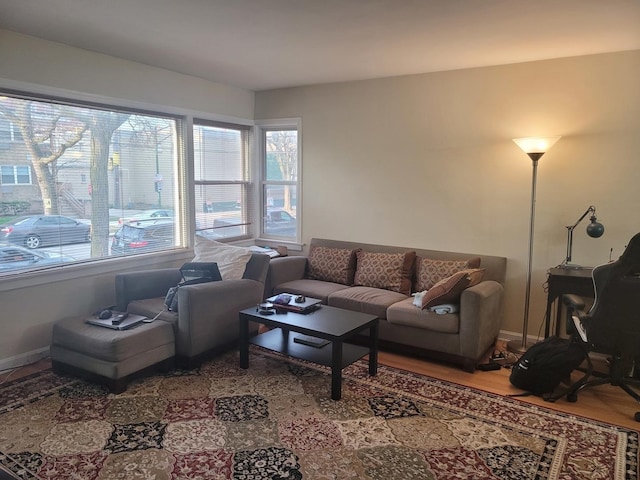 living area with plenty of natural light, baseboards, and wood finished floors