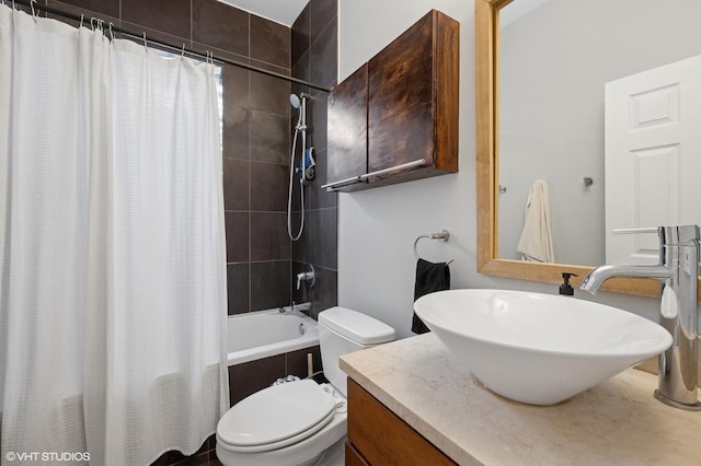 full bath with vanity, toilet, and shower / bath combination with curtain