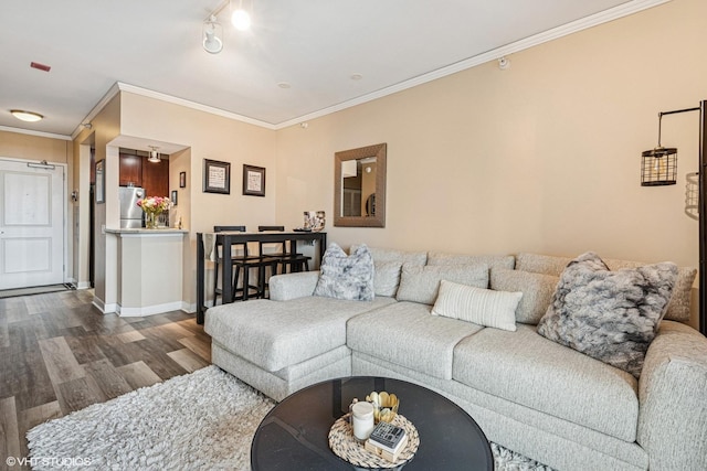 living area with baseboards, dark wood-style floors, and ornamental molding