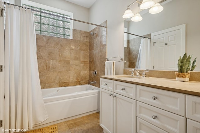 full bath featuring vanity and shower / tub combo with curtain