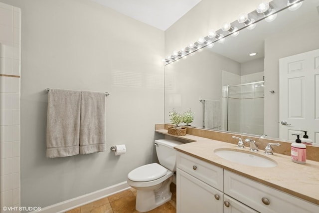 full bathroom with toilet, a shower stall, and vanity