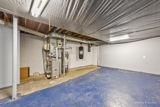 unfinished basement with gas water heater