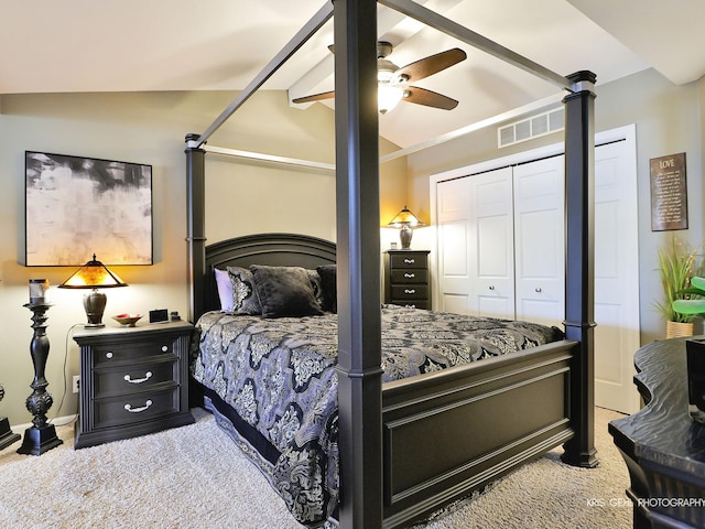 2601 N Villa Ln, Mchenry, IL 60051 - bedroom with carpet, vaulted ceiling, and a ceiling fan
