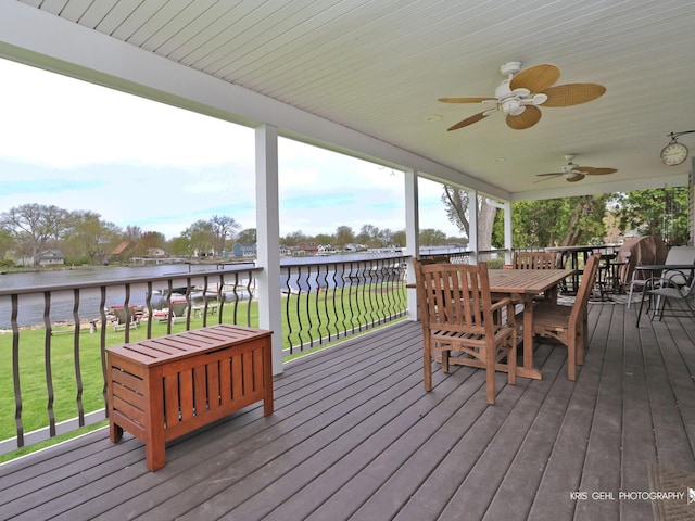 2601 N Villa Ln, Mchenry, IL 60051 - wooden terrace featuring a water view, outdoor dining area, a ceiling fan, and a yard