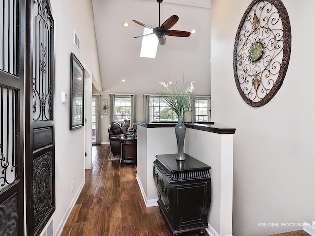 2601 N Villa Ln, Mchenry, IL 60051 - entryway featuring baseboards, dark wood-style flooring, a ceiling fan, recessed lighting, and high vaulted ceiling
