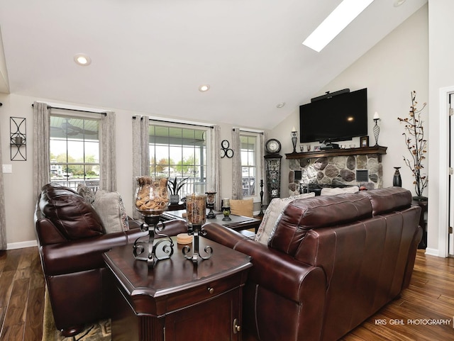 2601 N Villa Ln, Mchenry, IL 60051 - living room featuring dark wood finished floors, a fireplace, lofted ceiling, baseboards, and recessed lighting