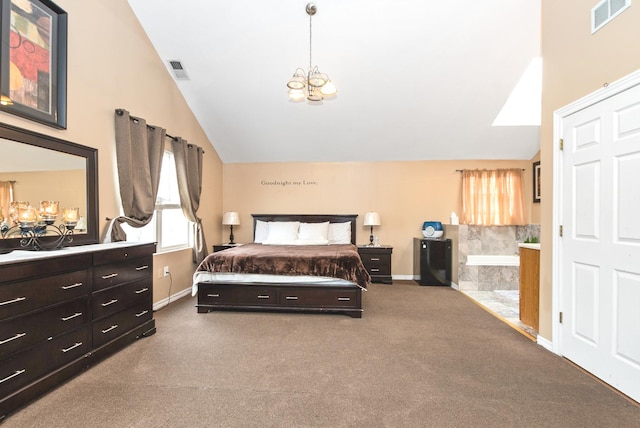 carpeted bedroom featuring an inviting chandelier, baseboards, vaulted ceiling, and visible vents
