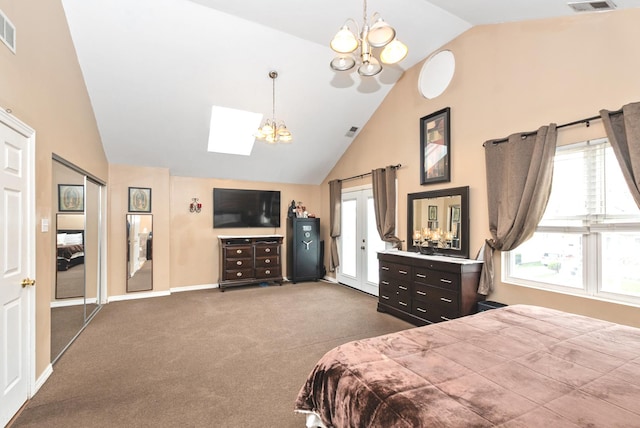 carpeted bedroom with visible vents, a skylight, high vaulted ceiling, an inviting chandelier, and access to outside
