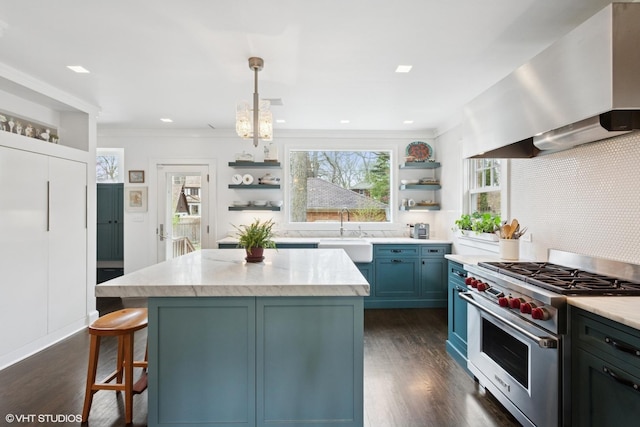 2334 Central Park Ave, Evanston, IL 60201 - kitchen featuring wall chimney range hood, open shelves, a sink, designer range, and tasteful backsplash