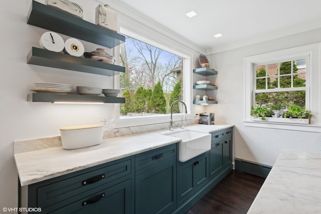2334 Central Park Ave, Evanston, IL 60201 - interior space featuring a sink, ornamental molding, dark wood-style flooring, and a healthy amount of sunlight