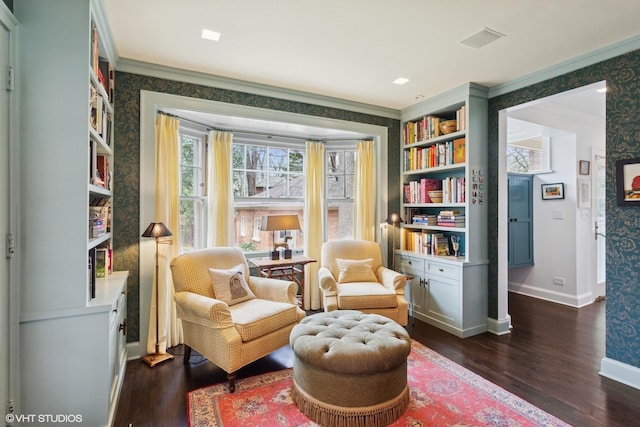 2334 Central Park Ave, Evanston, IL 60201 - living area featuring crown molding, baseboards, dark wood-style flooring, and a wealth of natural light