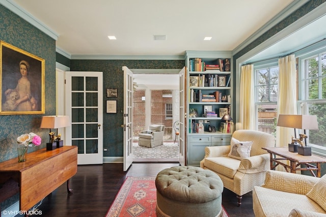 2334 Central Park Ave, Evanston, IL 60201 - sitting room featuring crown molding, french doors, wallpapered walls, and dark wood finished floors