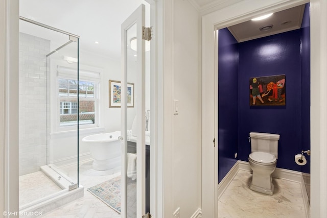 2334 Central Park Ave, Evanston, IL 60201 - full bath with a freestanding bath, crown molding, a shower stall, and toilet