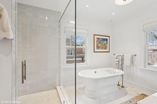 2334 Central Park Ave, Evanston, IL 60201 - bathroom with recessed lighting, baseboards, a soaking tub, and a stall shower