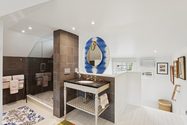 2334 Central Park Ave, Evanston, IL 60201 - full bath with recessed lighting, a sink, lofted ceiling, and a shower stall