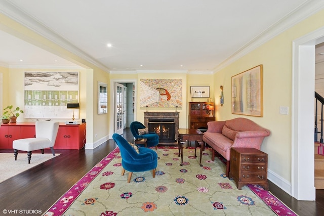 2334 Central Park Ave, Evanston, IL 60201 - living area featuring crown molding, stairs, wood finished floors, and a lit fireplace