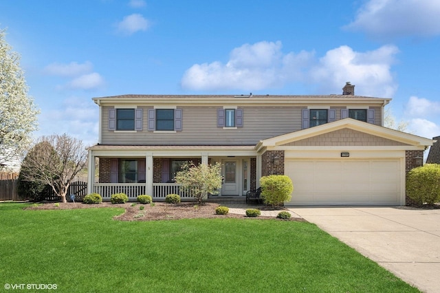 view of front of property featuring an attached garage, a front lawn, a chimney, covered porch, and driveway