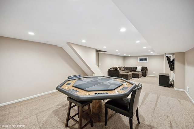 recreation room featuring recessed lighting, baseboards, and light colored carpet