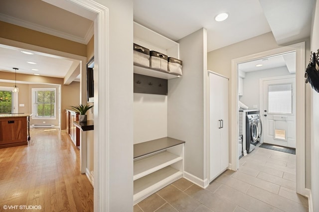 mudroom with independent washer and dryer, recessed lighting, baseboards, and baseboard heating