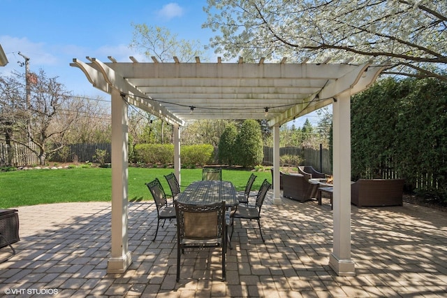 view of patio / terrace with a fenced backyard, a pergola, an outdoor hangout area, and outdoor dining space