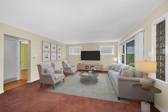 living area with baseboards and carpet flooring